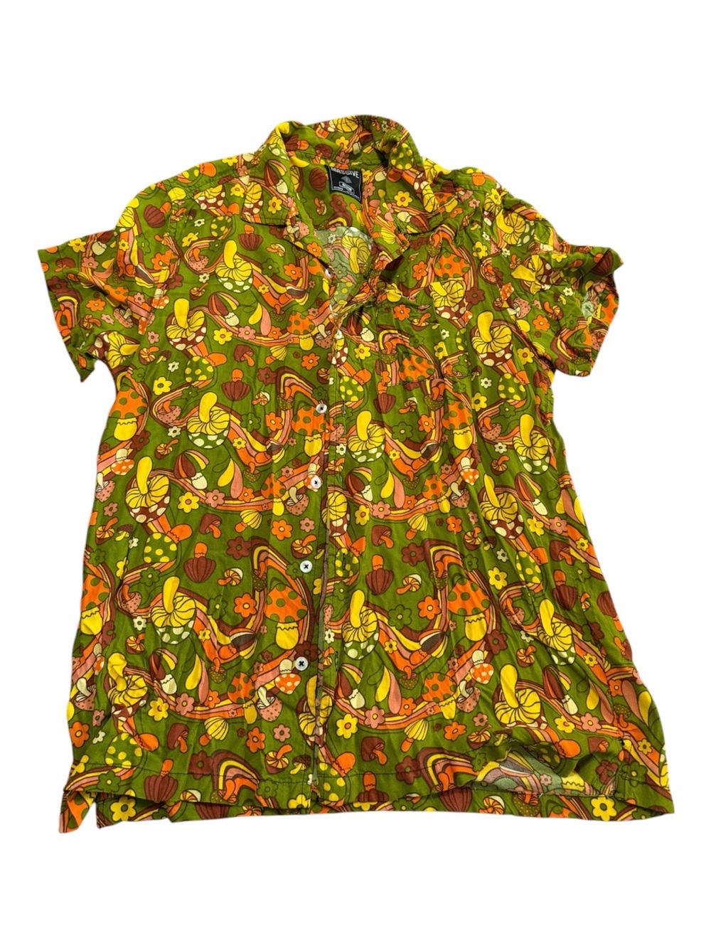 Vintage-Inspired Vibrant Mushroom Button-Up Shirt Size Medium Psychedelic Trippy